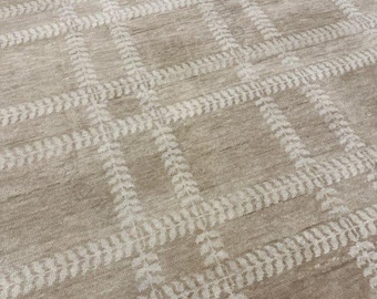 Hand Knotted Wool Area Rug, Minimalist Oushak Style Rug, Neutral Beige Checked Carpet, Modern Weave Rug for Living Room 7x10, 8x10, 9x12