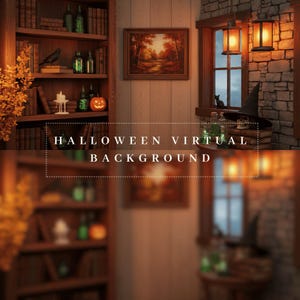 May include: A cozy Halloween-themed virtual background featuring a bookshelf, a window with hanging lanterns, and a framed landscape painting. The scene includes a carved pumpkin, a witch's hat, and the text "HALLOWEEN VIRTUAL BACKGROUND".