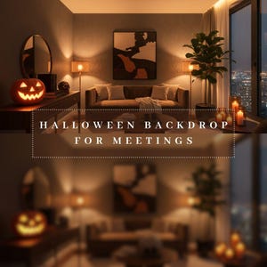 May include: A dimly lit room with Halloween decor. A carved pumpkin with a glowing face sits on a dark wooden table. The text "HALLOWEEN BACKDROP FOR MEETINGS" is displayed across the image.