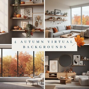 May include: A collage of four autumn-themed virtual backgrounds. The images feature interior design with fall decor, including pumpkins, leaves, and artwork. The text in the image reads "4 Autumn Virtual Backgrounds".