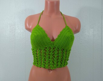 Lace up Flowers Green Festival Crop Top, Burningman Summer Top by Vikni Designs