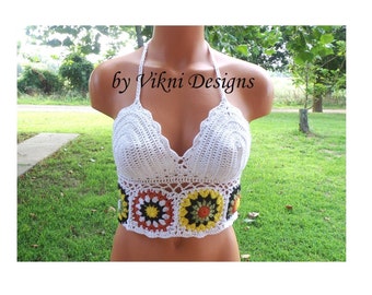 Crochet Flower Top, Festival Halter Top, White Crochet Crop Top by Vikni Crochet