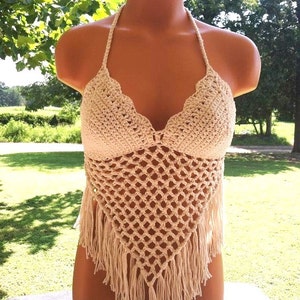 Off White Crochet Halter Top, Festival Triangle Fringe Top by Vikni