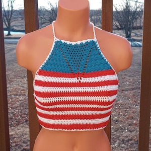 Crochet American Flag Top, Cross Open Back High Neck Halter Top by Vikni Designs
