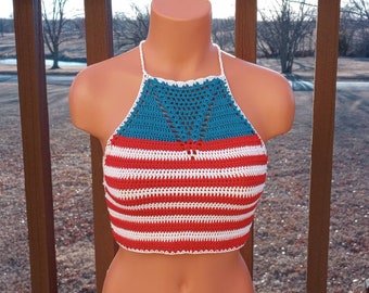 Crochet American Flag Top, Cross Open Back High Neck Halter Top by Vikni Designs