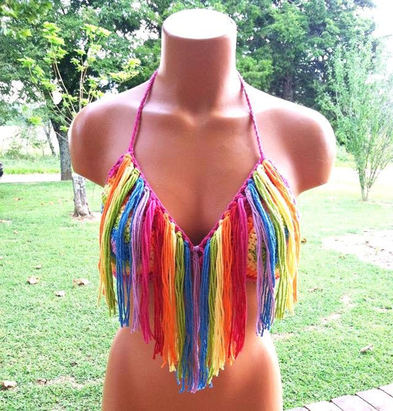 Crochet Rainbow Top, Fringe Hippie Crochet Top by Vikni Designs 