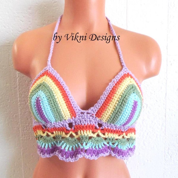 Pastel Rainbow Crochet Top, Hippie Rainbow Crop Top by Vikni Designs