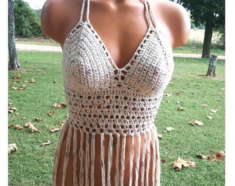 Crochet Fringe Top, Festival Crochet Halter Top by Vikni Designs