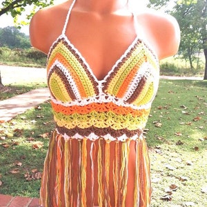Fringe Halter Festival Crochet Top Colorful Vintage 70&#39;s Hippie Top of Light Green, Yellow, White, Brown and Orange
