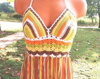 Fringe Halter Festival Crochet Top Colorful Vintage 70's Hippie Top of Light Green, Yellow, White, Brown and Orange