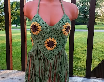 Sage Green Sunflower Top, Crochet Sunflower Boutique Top, Festival Granny Fringes Halter Top, Mom and daughter by Vikni Designs