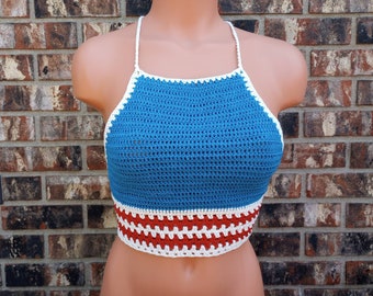 Crochet High Neck American Flag Top, 4th of July Top, Open Back Crop Top by Vikni Designs