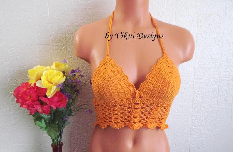 Lace Gypsy Hippie Crop Top A B Cup Size XS TN by Vikni Designs Orange Crop Top Festival Crochet Top