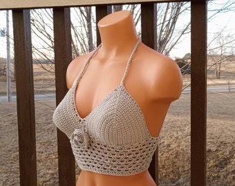 Crochet Gray Rose Top, Festival Halter Top by Vikni Designs