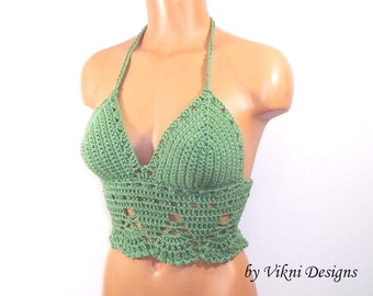 Festival Halter Crop Top, Vikni Designs Sage Green Crochet Top