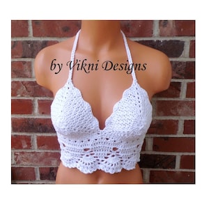 Crochet Crop Top, Boho Hippie White Crochet Top, Halter Top by Vikni Designs image 1