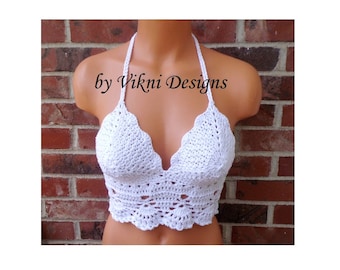 Crochet Crop Top, Boho Hippie White Crochet Top, Halter Top by Vikni Designs