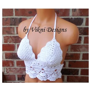 Crochet Crop Top, Boho Hippie White Crochet Top, Halter Top by Vikni Designs image 3