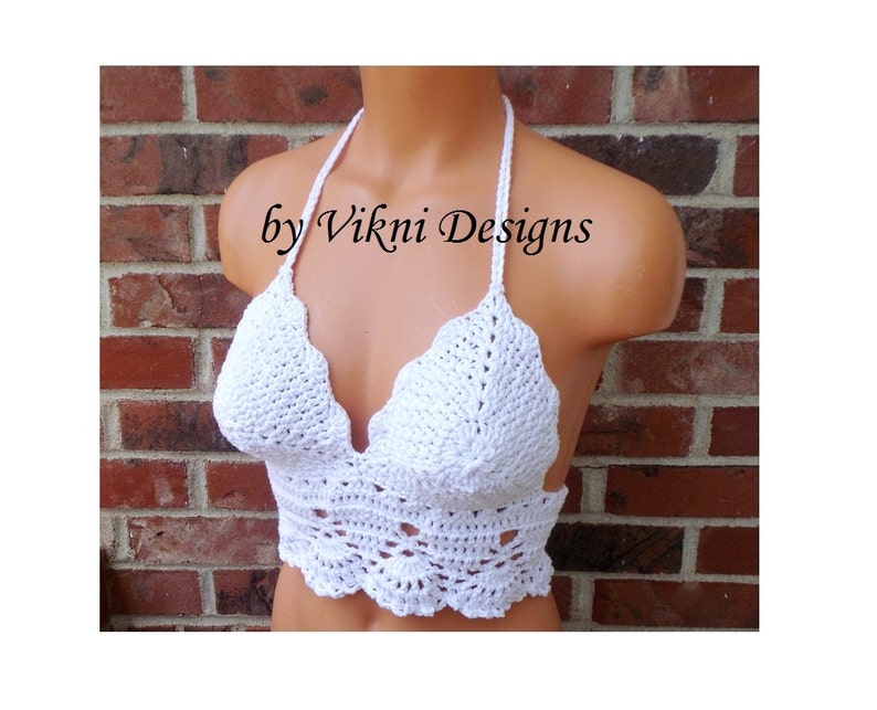 Crochet Crop Top, Boho Hippie White Crochet Top, Halter Top by Vikni Designs image 3