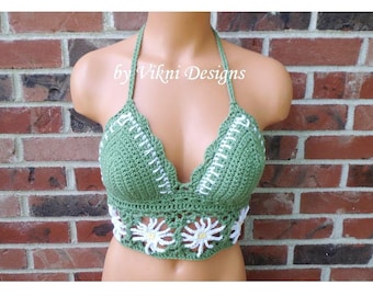 Daisy Festival Crop Top, Boho Hippie Crochet Top by Vikni