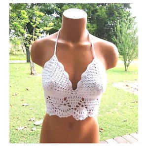 Crochet Top Summer Top White Crop Top Beautiful Boho Festival Halter with Lining included by Vikni Designs image 1