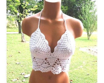 Crochet Top Summer Top White Crop Top Beautiful Boho Festival Halter with Lining included by Vikni Designs