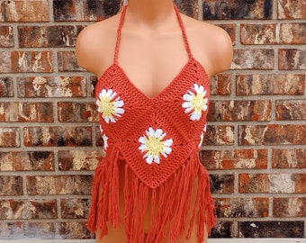 Earthy Orange Flowers Top, Crochet Granny Boutique Top, Festival Fringes Halter Top, Mom and daughter by Vikni Designs