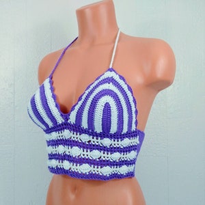 Purple White Pobcorn Cage Crop Top, Festival Crochet Top by Vikni Designs image 2