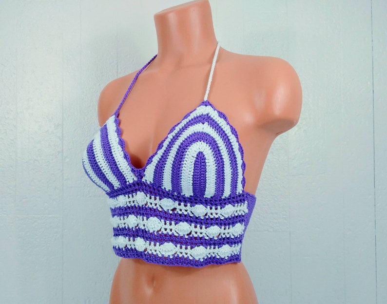 Purple White Pobcorn Cage Crop Top, Festival Crochet Top by Vikni Designs image 2
