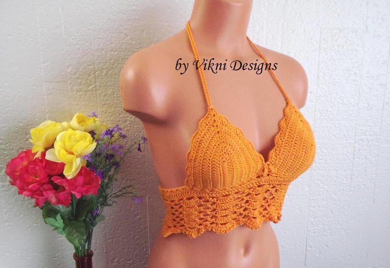 Lace Gypsy Hippie Crop Top A B Cup Size XS TN by Vikni Designs Orange Crop Top Festival Crochet Top