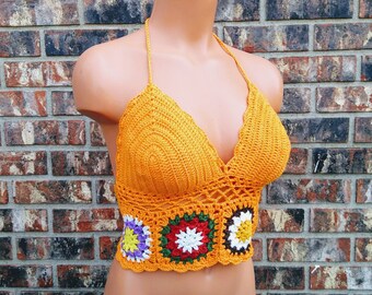 Halloween Autumn Spring Festival Crochet Gold Flowers Top, Crop Top by Vikni Designs