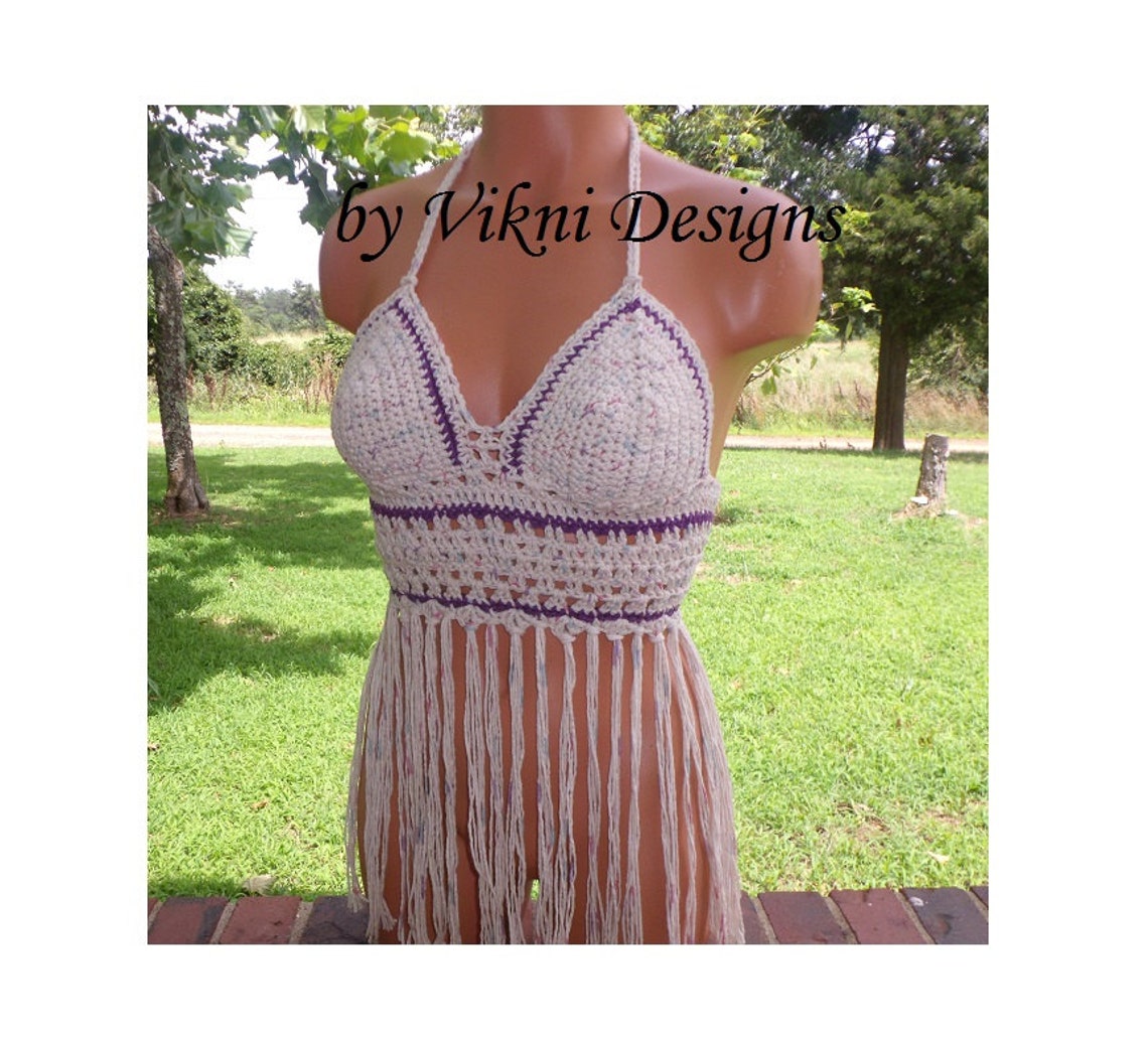 Vikni Crochet Fringe Halter Top Nude Tan Blend Hippie Halter Etsy