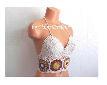 Festival Natural Vikni Crochet Autumn Flower Top, Crochet Crop Top, Hippie Crochet Top