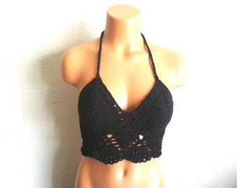 Vikni Crochet Festival Hippie Crochet Crop Top in Black, Boho Crochet Top