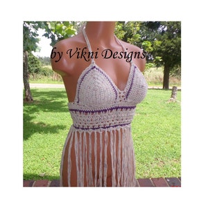Vikni Crochet Fringe Halter Top, Nude Tan Blend Hippie Halter Top