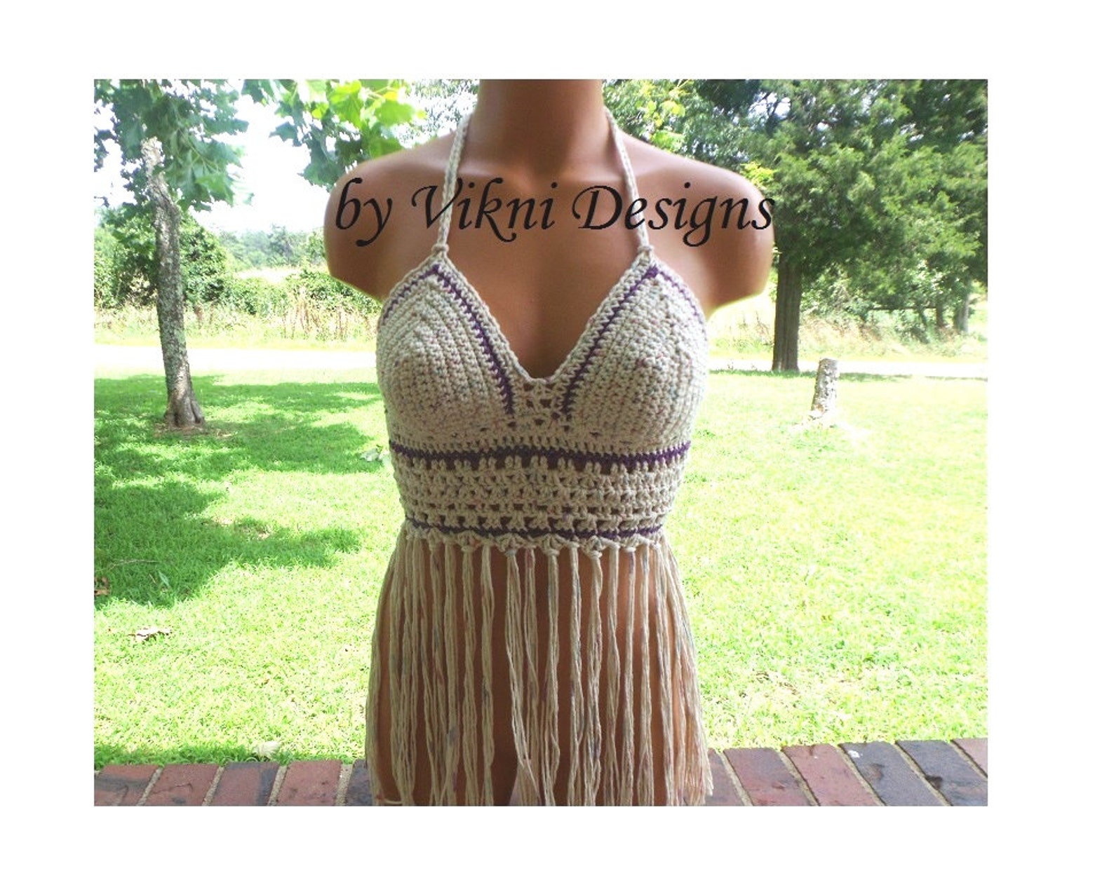 Vikni Crochet Fringe Halter Top Nude Tan Blend Hippie Halter Etsy