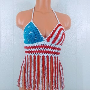 Crochet American Flag Top, 4th of July Fringe Top, Festival Summer Halter Top by Vikni Designs