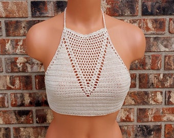 High neck bikini top, Natural Coachella crochet top by Vikni Designs