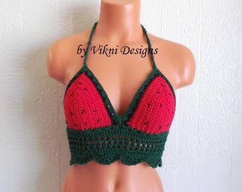 Watermelon Crochet Top Crop Top Hippie Top, Lace up Beach Top, Festival Halter by Vikni Designs