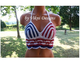 American Flag Hippie Halter Top, Crochet Festival Top by Vikni Designs