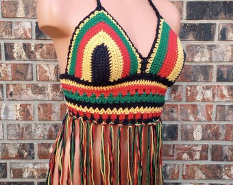 Rasta Fringe Halter Top, Crochet Festival Fringe Top, Gypsy