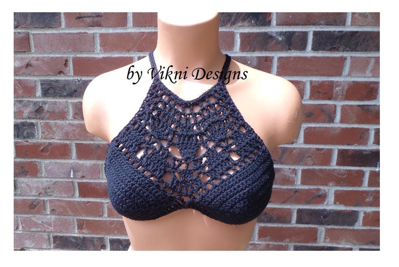 Cross Back High Neck Bralette Top Hippie Crochet Black Top by Vikni Designs