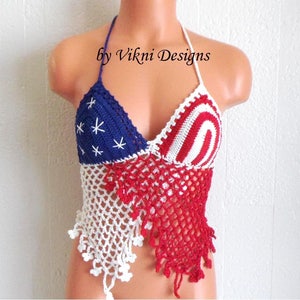 Crochet American Flag Top, Festival Butterfly Flower Crochet Top, Red White Blue Crop Top by VikniDesigns