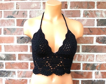 Crochet Boho Hippie Halter Top Black Crochet Crop Top