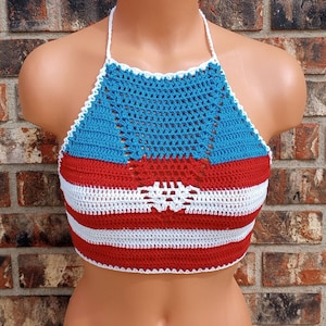 High neck American Flag Bikini Top, Crochet American Flag Crop Halter by Vikni Designs