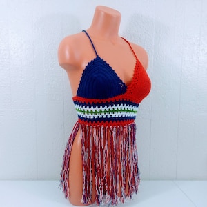 Crochet Dominican Flag Top, Criss Cross Fringe Top by Vikni Designs