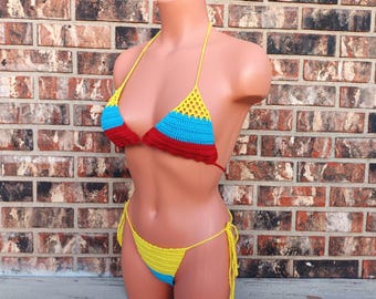 Cheeky Colombia and American Flag Tiny Bikini, Fishnet Private Beach Swimwear by Vikni Designs