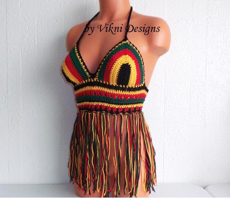 Rasta Fringe Halter Top Crochet Festival Fringe Top Gypsy Hippie Top by Vikni Designs