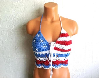 Crochet American Flag Top, Crochet Festival Halter Top by Vikni