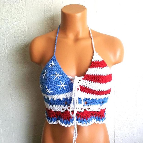 Crochet American Flag Top, Crochet Festival Halter Top by Vikni